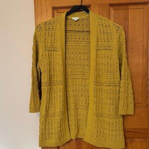 J. Jill Mustard Open-front, open-Knit Cardigan